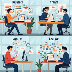 Visual representation of the digital marketing process—research, create, publish, and analyze—showing how digital marketing helps to grow your business.