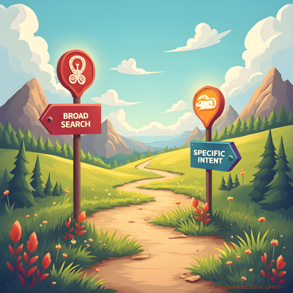 Illustration comparing broad search vs specific intent keywords on mountain trail signposts, demonstrating long tail and short tail keyword strategies in SEO