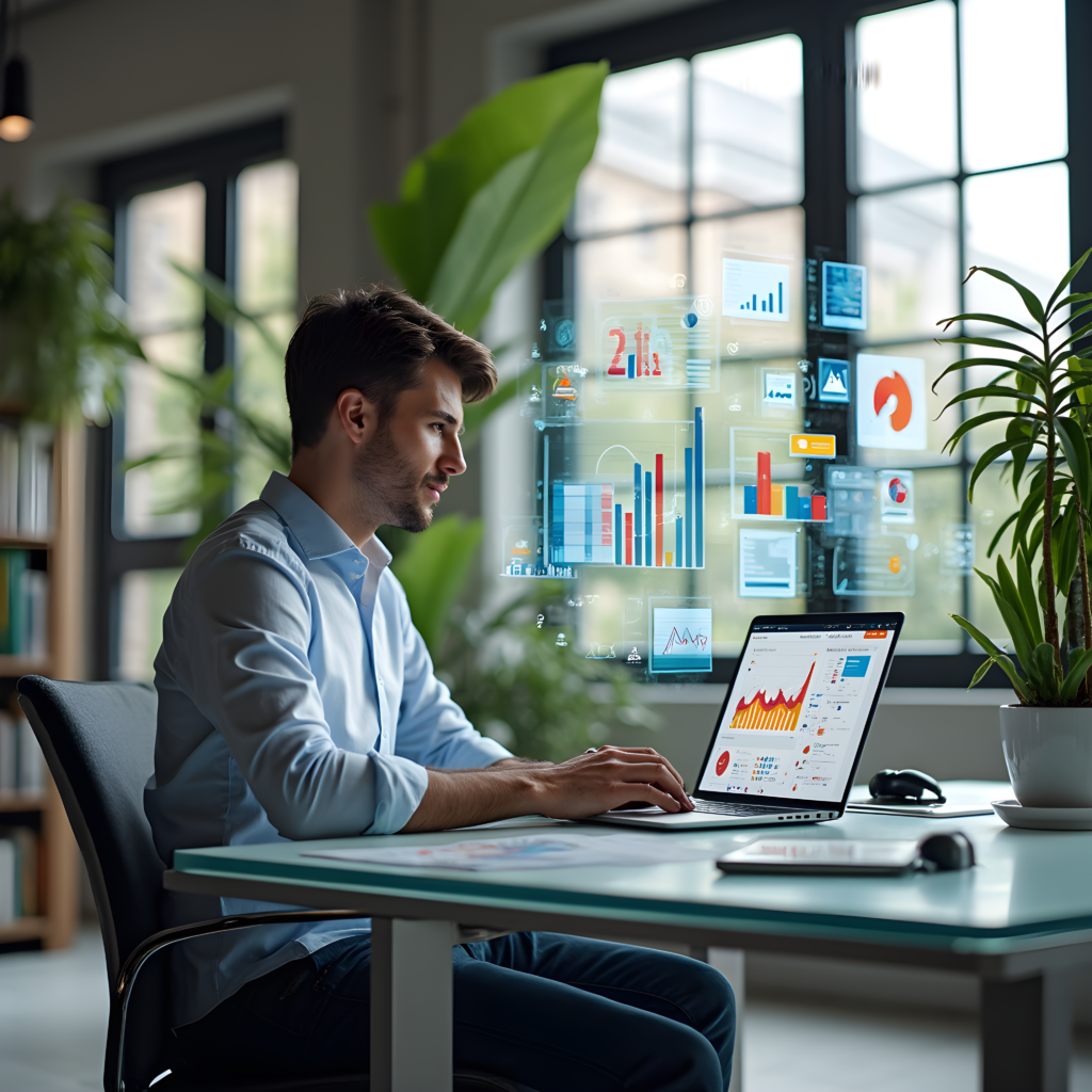 Digital marketer analyzing performance metrics on a laptop, demonstrating effective off page SEO techniques in a modern office setting.