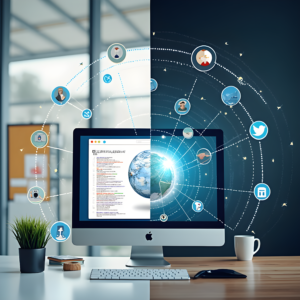 Illustration of a desktop screen showing global networks and backlink strategies, symbolizing off page SEO techniques for digital marketing success.