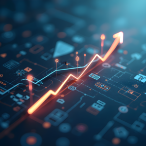 A rising graph with arrows pointing upward, surrounded by icons of backlinks, domain authority, and SEO success, sleek and modern style.
