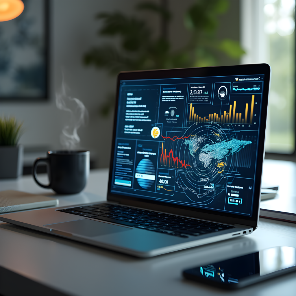 A laptop displaying a technical dashboard with data visualizations and analytics