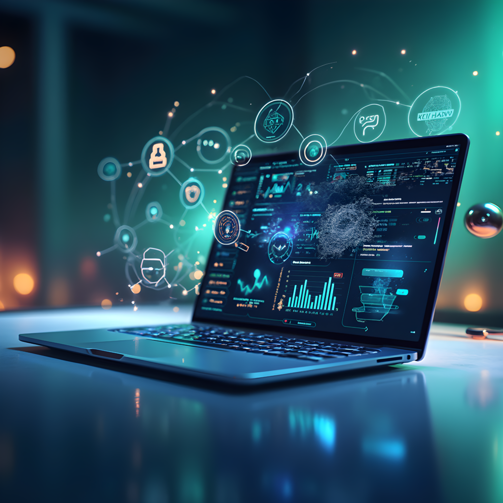 Advanced SEO analytics dashboard displaying real-time data metrics and performance insights on a modern laptop with floating tech icons in 2025