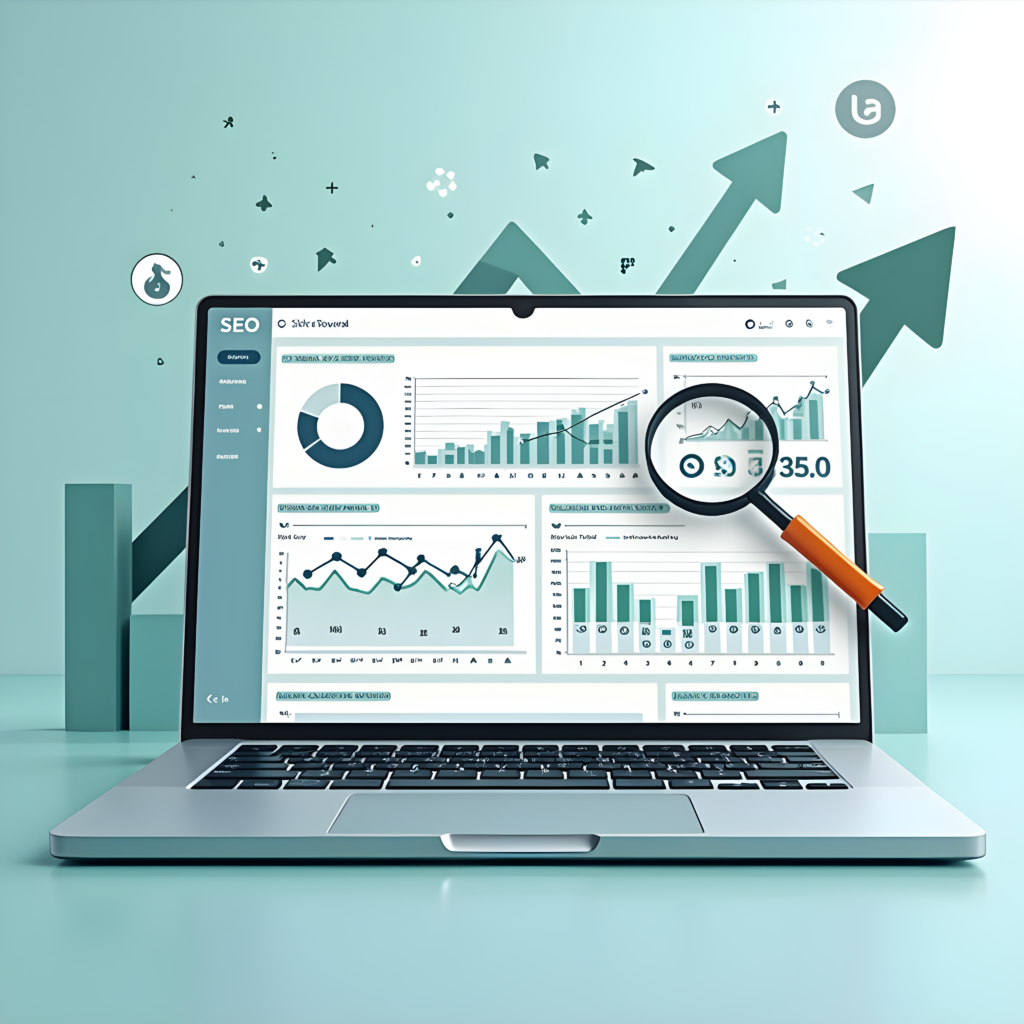 Laptop displaying SEO performance data, including charts, graphs, and key metrics like organic traffic and keyword rankings. Magnifying glass symbolizes analysis.
