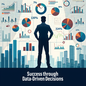 A silhouetted figure stands analyzing a data visualization backdrop, with a motivational tagline "Success through Data-Driven Decisions