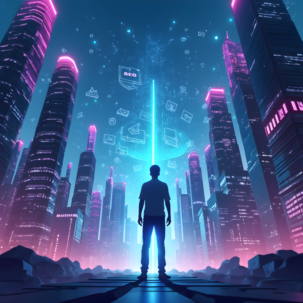 A futuristic cityscape representing digital marketing for startups, featuring a glowing entrepreneur surrounded by SEO graphs, social media icons, and marketing analytics.