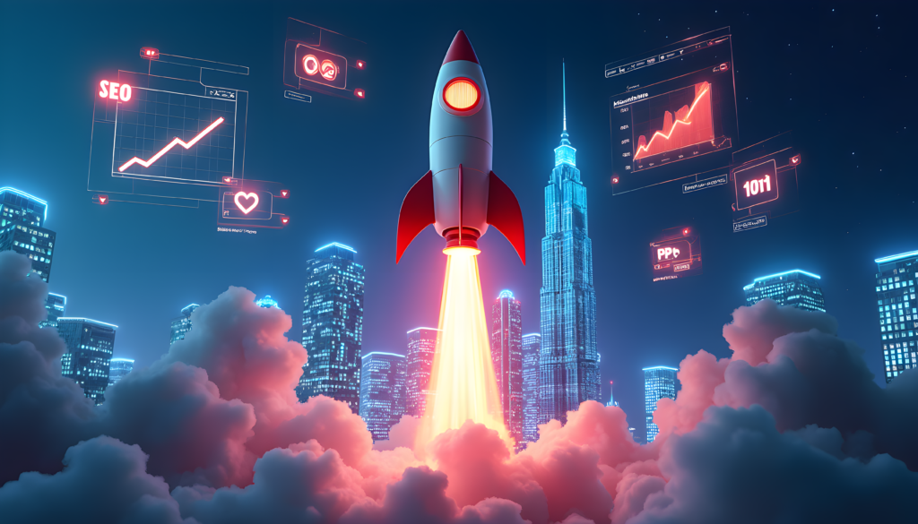 A small startup rocket powered by digital marketing symbols like SEO, social media, and PPC, overtaking a towering corporate skyscraper, symbolizing the power of digital marketing for startups.