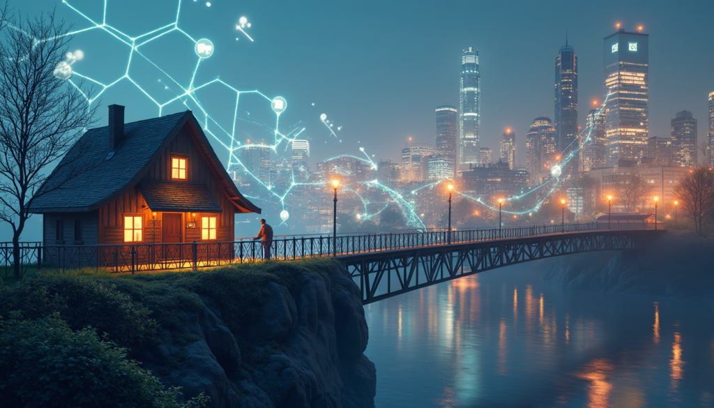 A digital bridge made of marketing tools connecting a startup to a thriving city of customers.